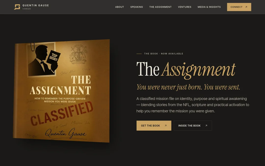 The Assignment section of the IAMQG home page: the gold mission-file book cover beside the heading The Assignment, the line You were never just born. You were sent., and buttons to get the book.