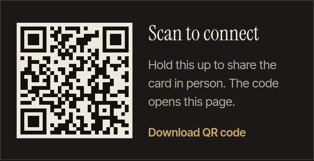 The card's Scan to connect panel, with a QR code that opens the card and a link to download the QR code for print.
