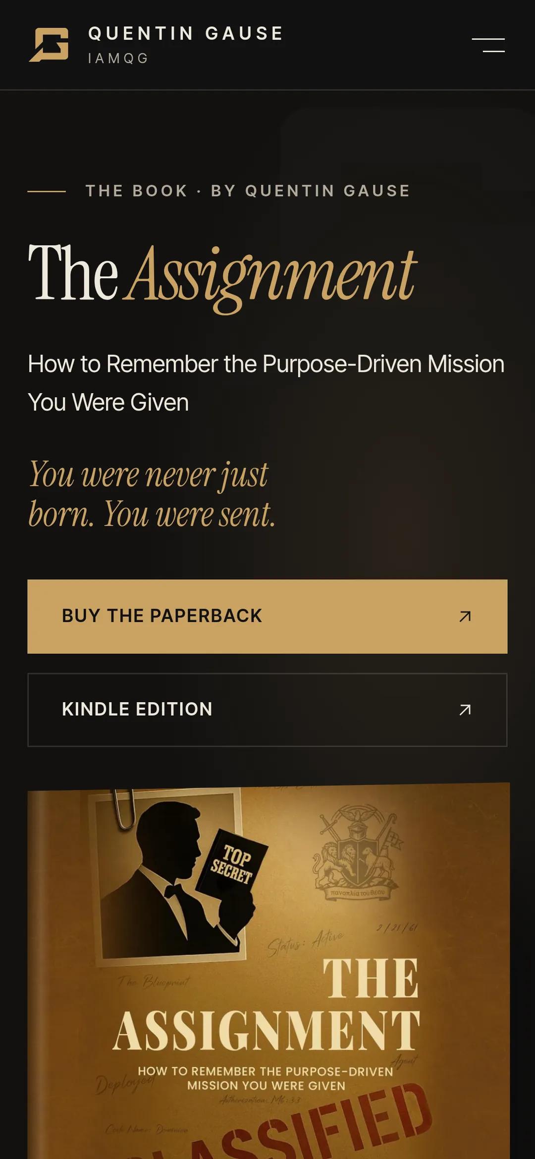 The Assignment page on a phone: the book's title in large serif type, its subtitle and the line You were never just born. You were sent., with buttons for the paperback and Kindle editions.