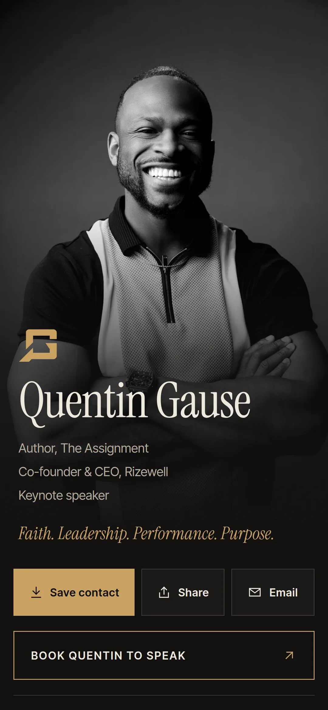 Quentin Gause's digital business card on a phone: his portrait, the QG mark, his name and three roles, and buttons to save the contact, share the card and book him to speak.