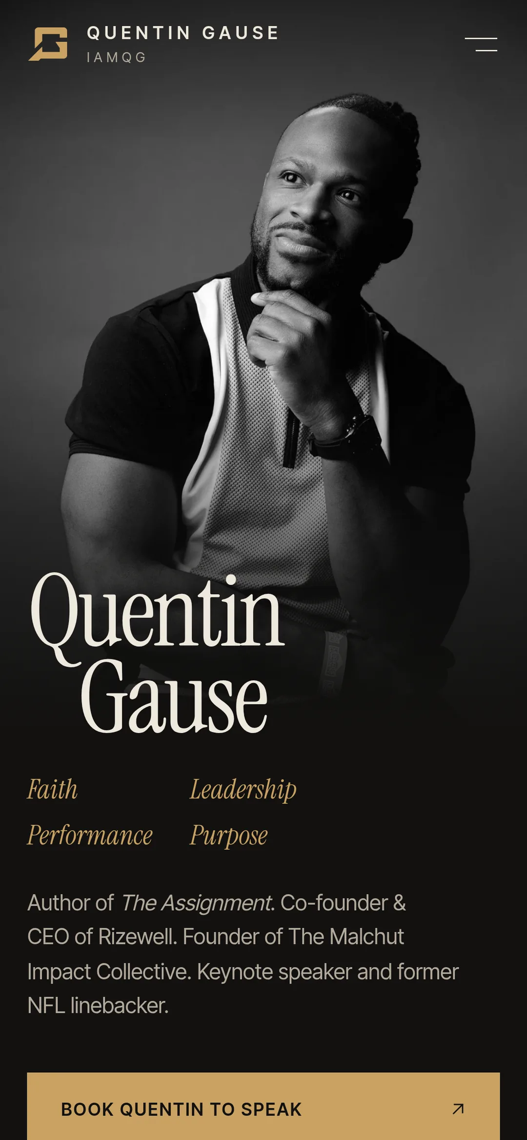 The IAMQG home page on a phone: Quentin Gause's portrait above his name, the four words Faith, Leadership, Performance and Purpose, and a gold button to book him to speak.