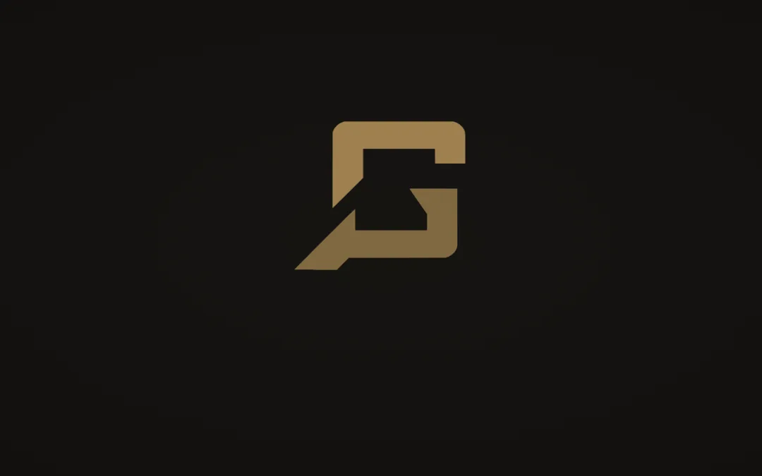 Opening sequence, first frame: the gold QG monogram forming at the centre of a charcoal field.