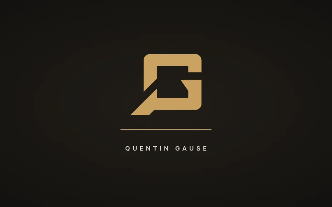 Opening sequence, second frame: the complete QG monogram with a thin gold rule and the name Quentin Gause beneath it.