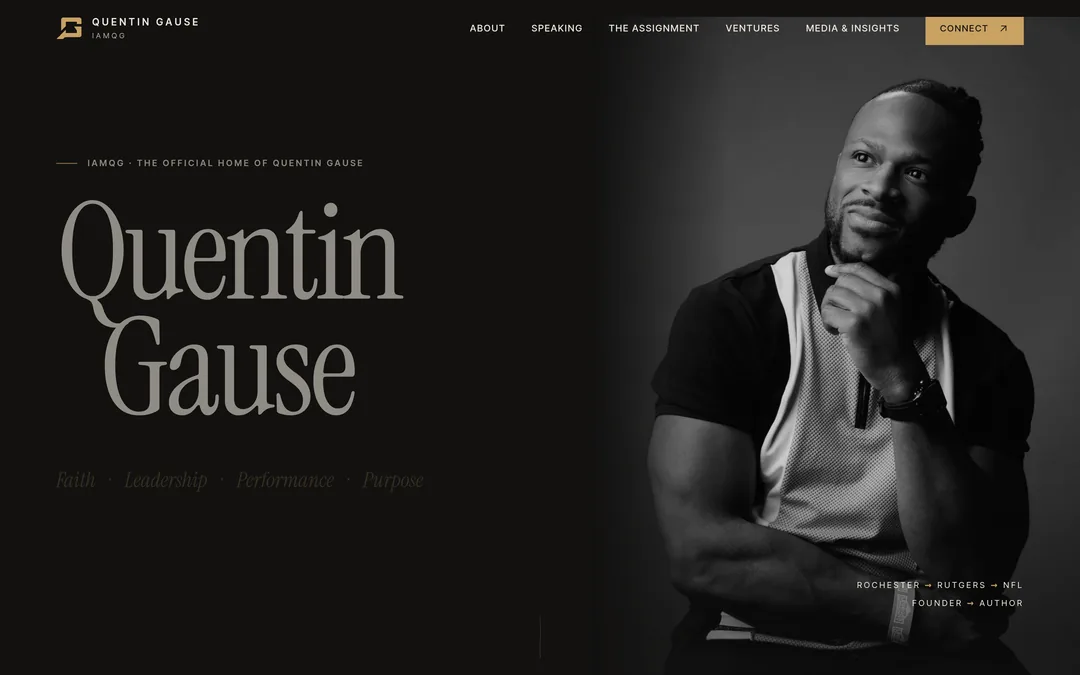 Opening sequence, third frame: the charcoal field lifting away as the home page, with his portrait and name, fades in beneath it.