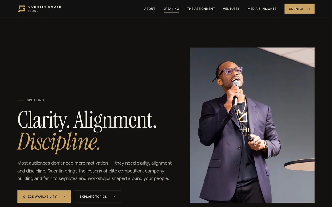 The IAMQG Speaking page on a desktop screen: the heading Clarity. Alignment. Discipline. beside a photograph of Quentin Gause delivering a keynote with a microphone.